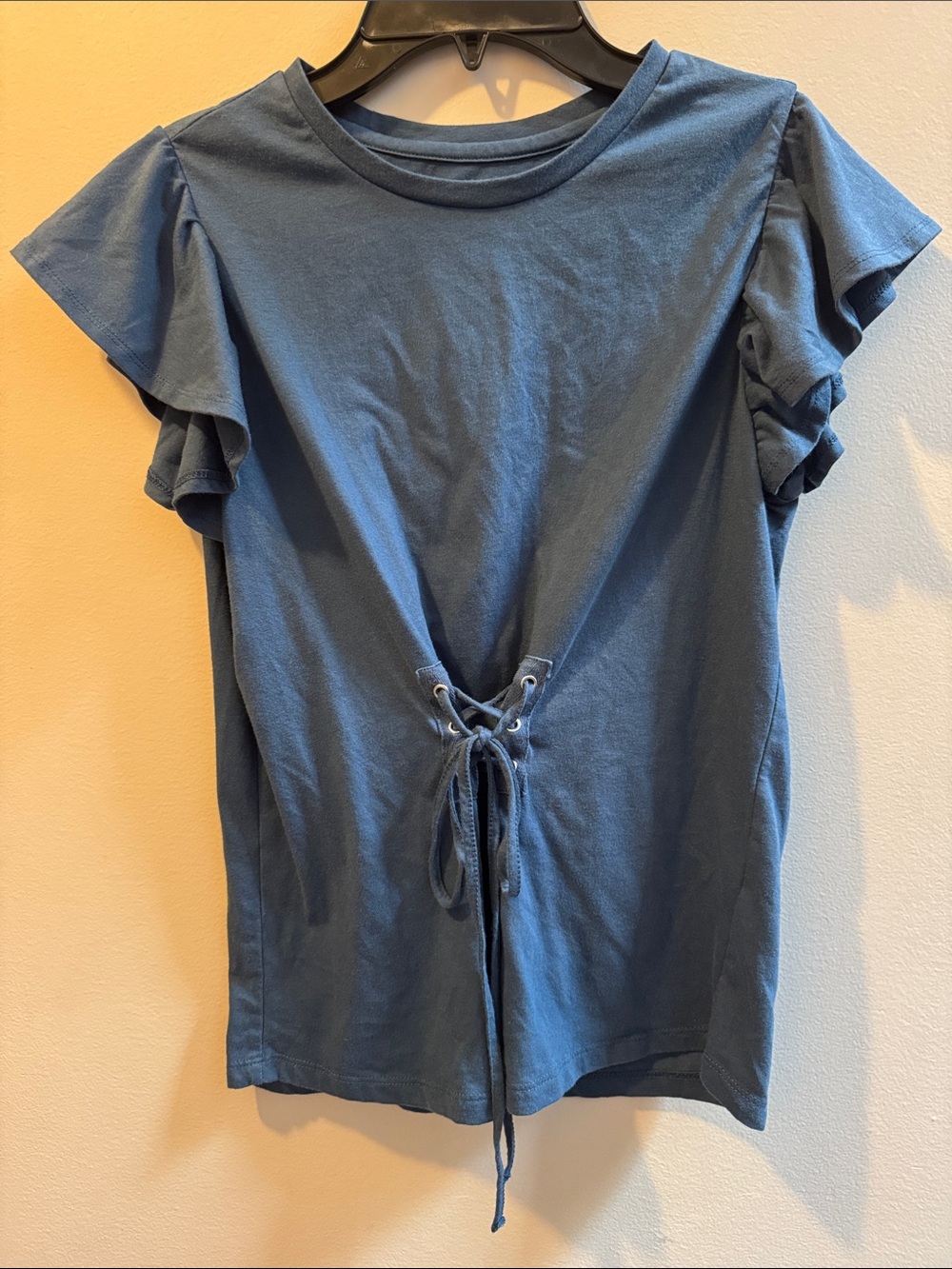 Girls Blue Lace-Up Ruffle Sleeve Top